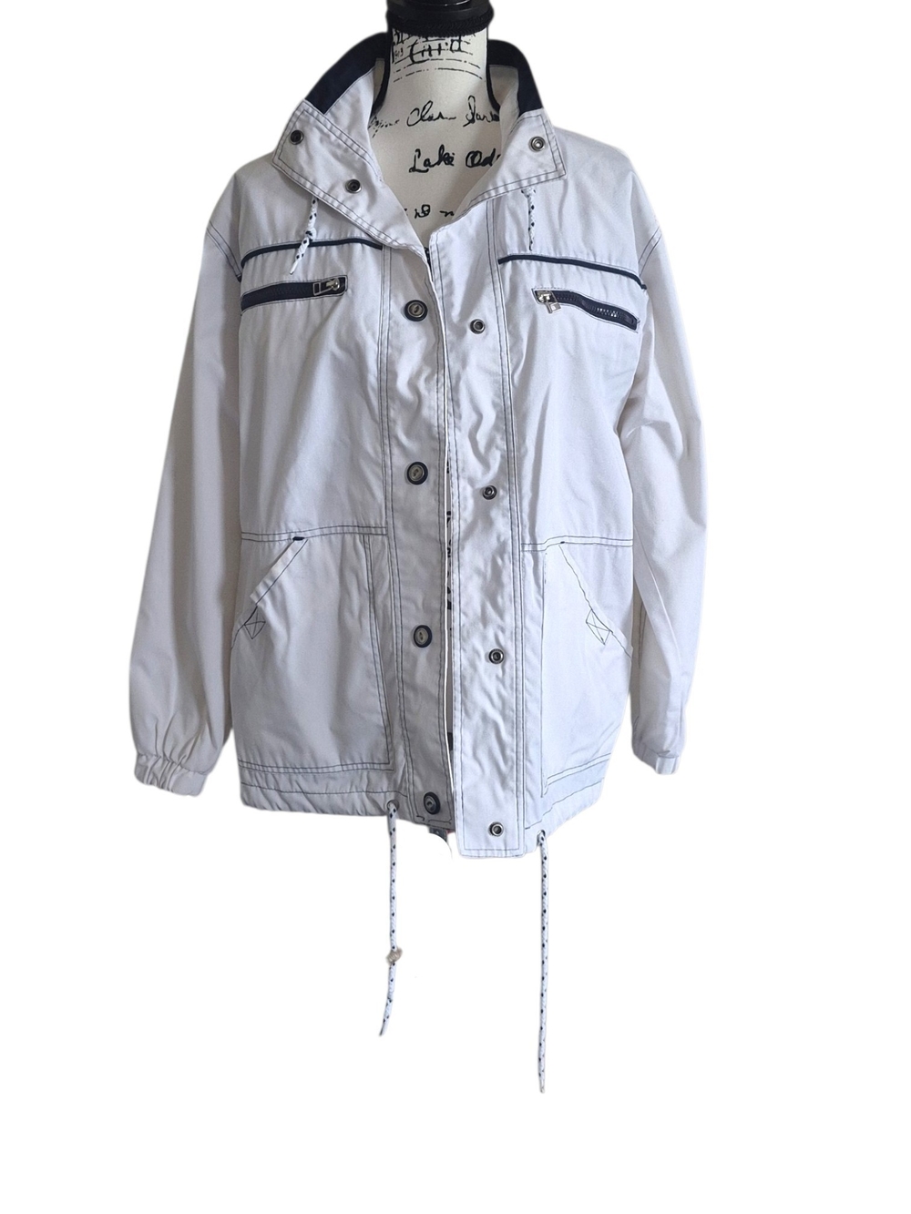 Vintage PAO Sport White Navy Utility Windbreaker Jacket 90s Y2K M/L Nautical